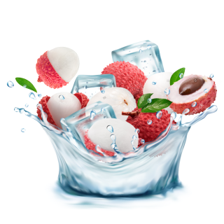 Lychees in Wassersplash mit Eiswürfeln