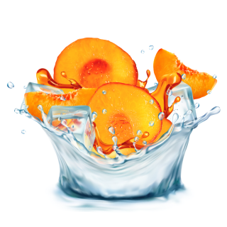 Pfirsiche in Wassersplash mit Eiswürfeln