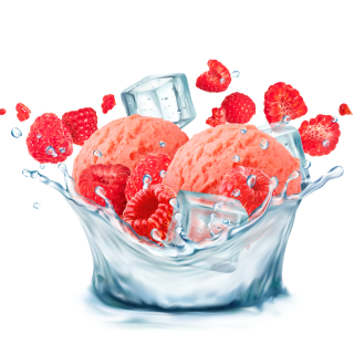 Himbeeren und Himbeereis in Wassersplash mit Eiswürfeln